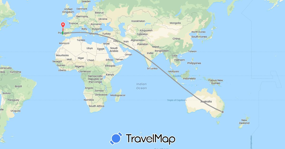 TravelMap itinerary: driving, bus, plane, hiking in Australia, Spain, Portugal (Europe, Oceania)
